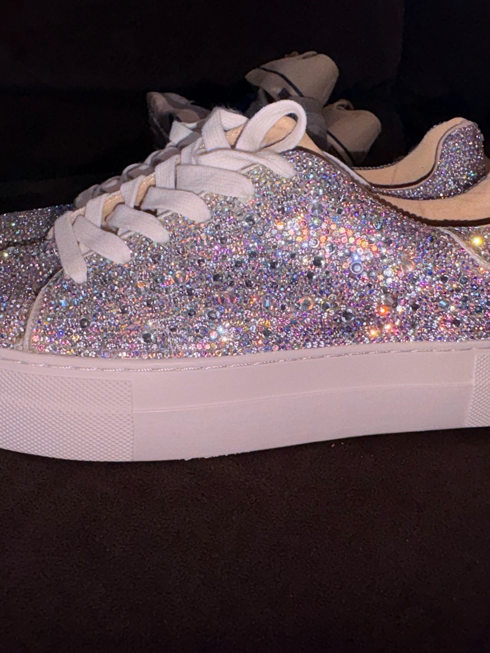 Betsey Johnson Iridescent Crystal Embellished White Lace-Up Sneakers